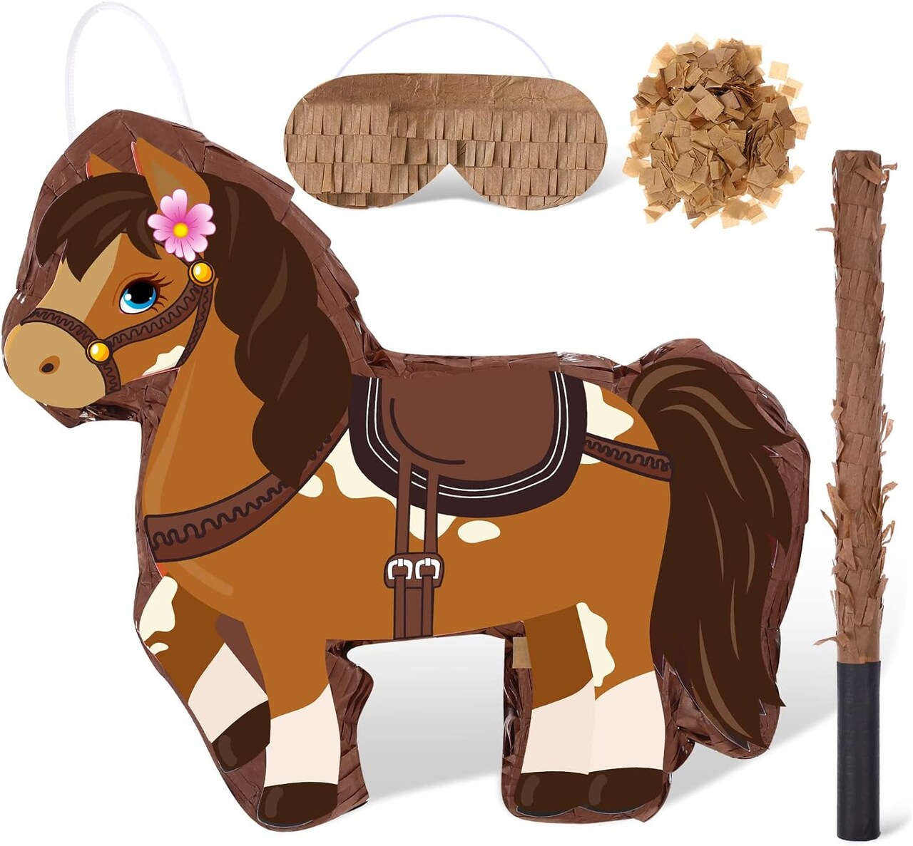 Horse Piñata Cowgirl Pinatas Brown Horse Piñata for Birthday Girl with Bat Stick Blindfold Mask for Horse Birthday Cowgirl Party Carnival Piñata Game Decor Supplies, 15 x 13.4 x 3.2 Inch